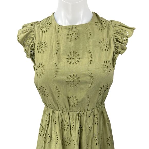 Vero Moda Green Sleeveless Eyelet Flutter Sleeve Crisscross Back A-line Dress L - Picture 3 of 5